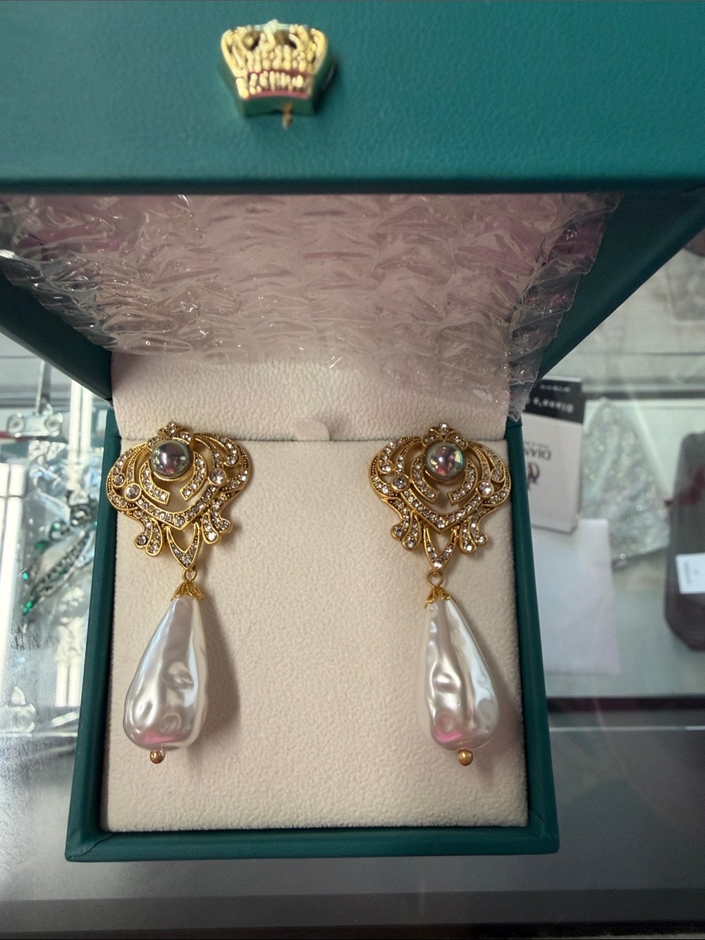 Gold-Tone Pearl Drop Earrings with Blue Accent Pearls